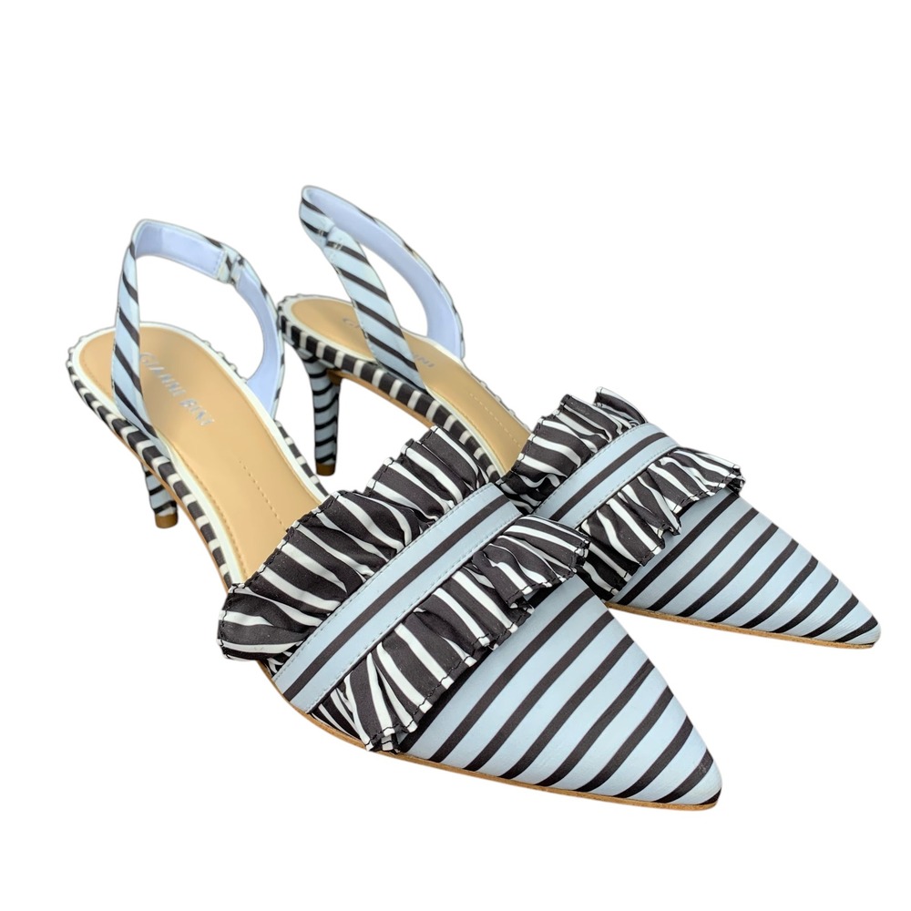 Gianni Bini Kollett blue black stripe slingback pointed toe heel w ruffle size 8